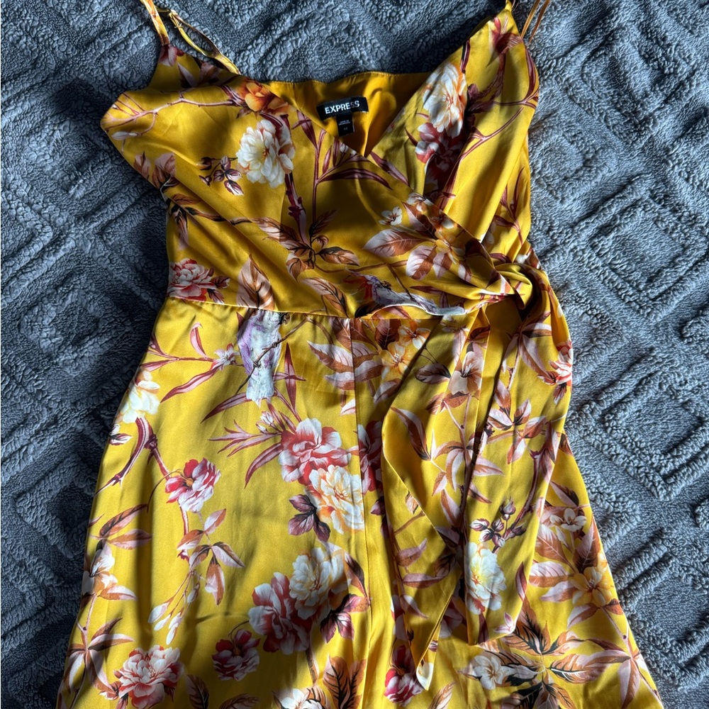 Express Vibrant Yellow Dress with Floral Accents